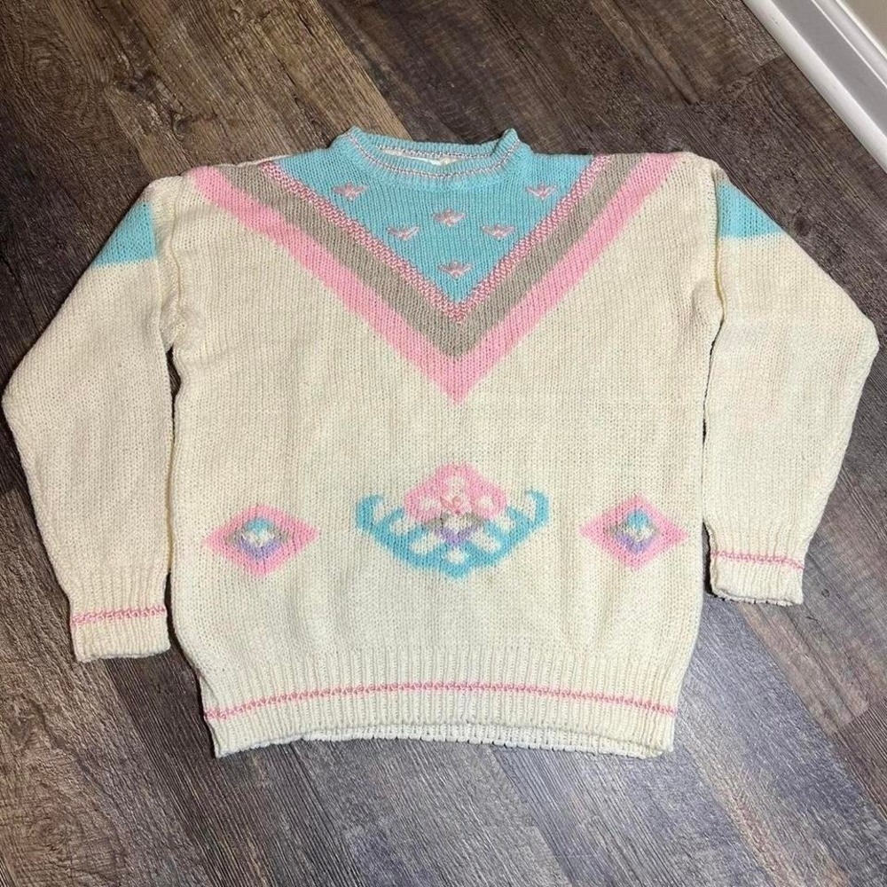 Vintage 1990s Mister Noah Pastel Geometric Knit Sweater Size L Cream Pink Blue